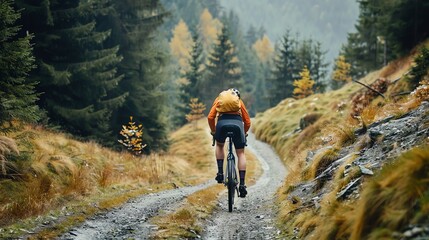 Obraz premium A cyclist rides through a forest trail.