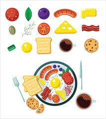 Tasty food set vector illustration. Cartoon isolated cereal breakfast with fruit in bowl, Eggs, tomatoes, cheese, olives, aromatic herbs, fatty butter, mint leaves, sausages, muffins, coffee, bacon