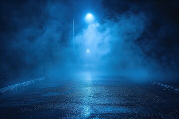 Fototapeta premium Blue dark background of empty foggy street with wet asphalt, illuminated by a searchlight, laser beams, smoke