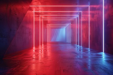 3d render, blue red abstract background, ultraviolet light, laser rays inside corridor, virtual reality empty room, diagonal glowing lines