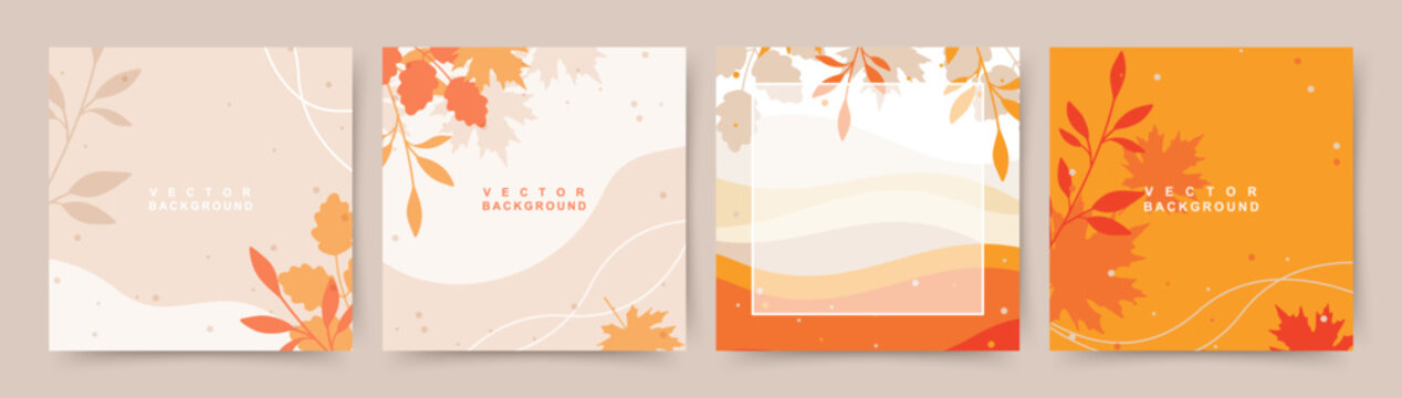 Autumn square backgrounds. Minimalistic style with elements of branches and leaves. Editable vector template for card, banner, invitation, social media post, poster, mobile app, web advertising