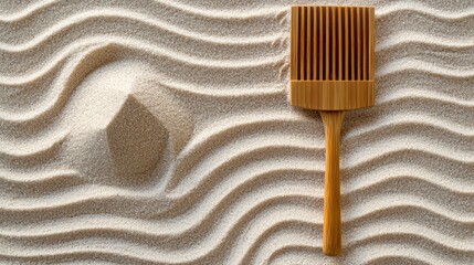Zen sand arranged in swirling patterns, with a small wooden rake beside it.