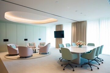 Minimalist Sitting Area and Executive Boardroom with Light Pastel Decor in an Airy Ambiance