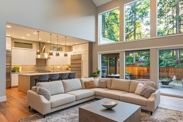 Modern Living Room with Large Windows and Kitchen View