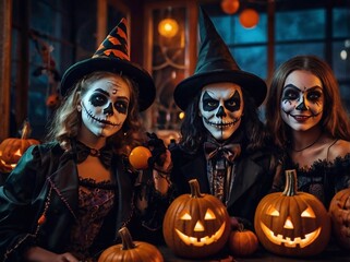 Day of the Dead. Merry Halloween party. Skeleton, witch, clown and vampire. Teenage friends in carnival costumes have fun celebrating Halloween.