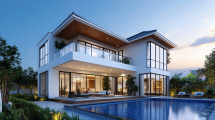 Fototapeta premium Luxurious modern house with a large pool, stylish architecture, and soft evening lighting, creating a serene and elegant outdoor ambiance.