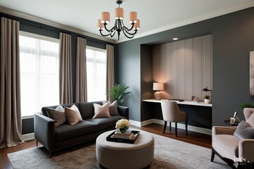 Sophisticated Living Room Decor in Graphite Gray and Soft Taupe with Modern Wall and Chic Office Space