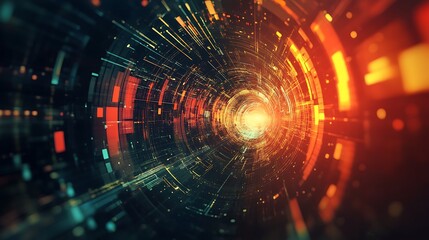 Obraz premium Abstract Digital Tunnel with Orange and Yellow Lights