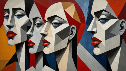 Abstract cubist-inspired scene featuring a series of stylized human figures