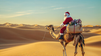 Santa claus riding camel carrying gifts in desert