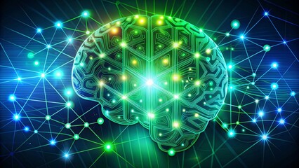 Fototapeta premium Brain diagram vector neural network illustration digital cognitive map illustration blue and green mood futuristic style conceptual abstract vector illustration.