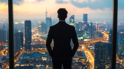 Silhouette of a Businessman Looking at Cityscape