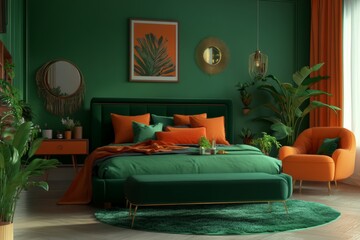 Obraz premium Stylish Green Bedroom, Tropical Plants, Orange Accents, Circular Rug. Modern Interior Design.