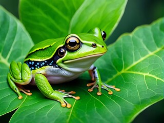 Obraz premium A vibrant green frog with black spots and blue lines sits on a large green leaf with a blurred green background.
