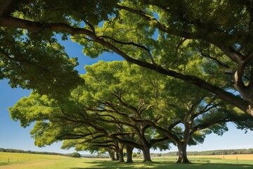 Obraz premium Abundant Tree Canopies Arcing Above a Clear Countryside Backdrop with Rich Visual Detail