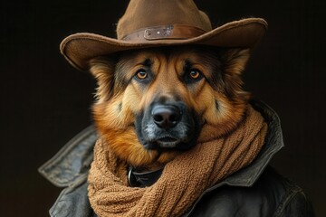 regal german shepherd in cowboy attire studio portrait dramatic lighting surreal blend of canine and western aesthetics