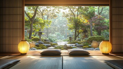 A zen tea room with tatami mats, paper lanterns, and a view of a tranquil garden.