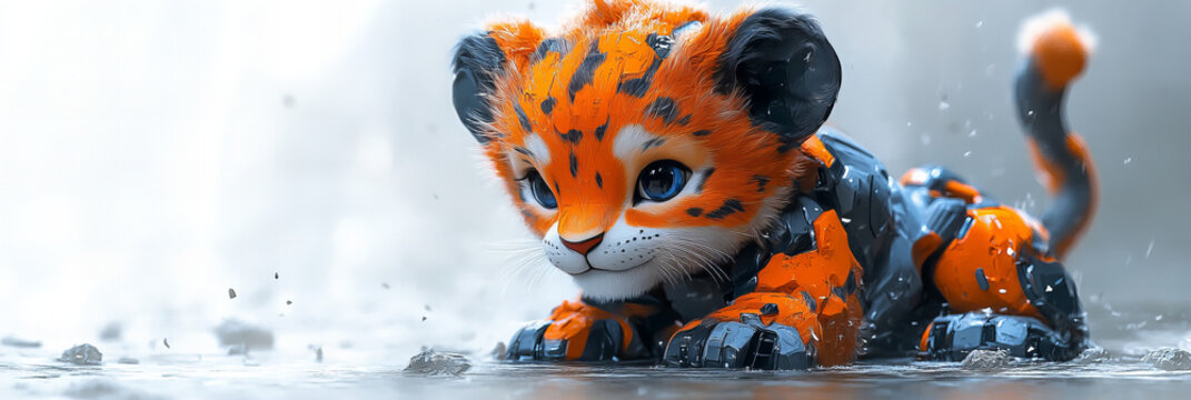 Cute robotic tiger cub playfully crawling in rainy environment creating an imaginative and futuristic atmosphere