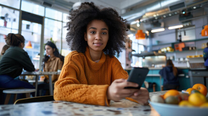 Smart Casual Young Multiracial Woman in Cozy Cafe Using Smartphone. Modern, Relaxed Atmosphere with Urban Background. Generative ai