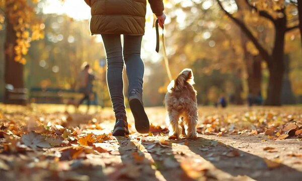 A person walking their dog in the park, the dog pulling them along with enthusiasm. Video