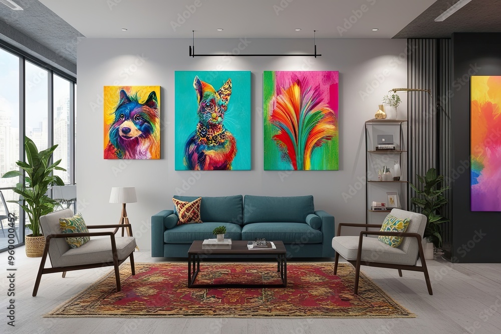 Poster colorful canvas artwork display in a modern creative space with a3 paper format 3d visualization