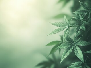 Fototapeta premium Fresh green marijuana leaves with soft focus on a light green background, calming and natural with copy space