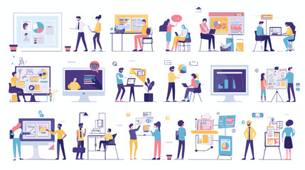 Teamwork web concept with people scenes mega set in flat design. Bundle of character situations with brainstorming for developing business,