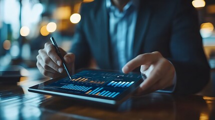 Fototapeta premium Businessman uses digital tablet to analyze and calculate financial data with economic growth graph, business strategy and planning.