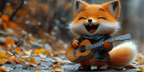 Charming fox playing a guitar amidst autumn leaves in a cozy, serene forest, creating a whimsical and joyful musical moment