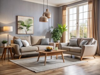 A plush sofa and armchair pair up in a serene living room, exuding luxury and warmth through neutral