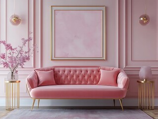 Illustration of Chic Pink Interior with Velvet Sofa and Gold Accents