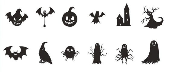 Obraz premium Set of 12 Halloween icons, black silhouettes, spooky characters