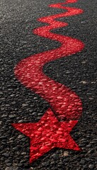 Wavy red arrow made of stars on asphalt, dynamic and playful with copy space