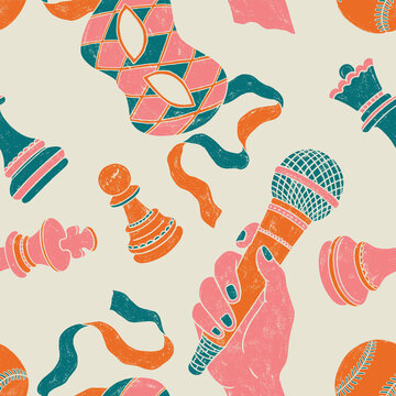 Seamless Retro Linocut Pattern with Hand Holding a Microphone, Chess, Theatrical mask in Beige, Pink, Green, and Orange Colors. Playful, Colorful, Groovy, and Artistic Design for School, College