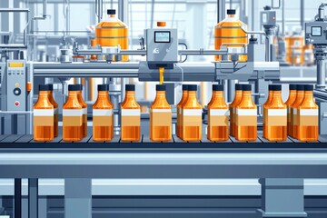 Automated Bottling Line Filling and Labeling Bottles with Amber Liquid