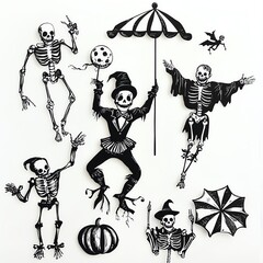 Black and white illustration of spooky skeletons for Halloween.