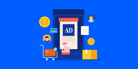 Ecommerce technology and mobile advertising, online shopping e-business concept, vector illustration on blue background.