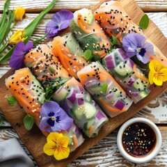 Fresh Summer Rolls with Edible Flowers, Vegetables, and Dipping Sauce on Rustic Board, Overhead View