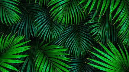 Tropical green leaves background, artistic wall decoration. Abstract nature leaf closeup, peaceful relaxing eye calming natural design. Palm banana and exotic leaves plants AI generated