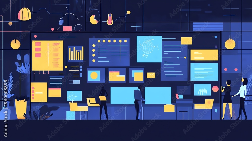 Poster people analyzing data on large screen in office setting