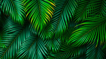 Fototapeta premium Tropical green leaves background, artistic wall decoration. Abstract nature leaf closeup, peaceful relaxing eye calming natural design. Palm banana and exotic leaves plants AI generated