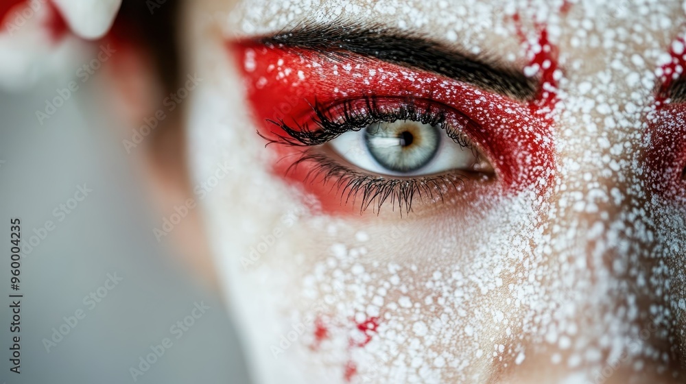 Poster a striking close-up of an eye adorned with bold red and white face paint, creating a dramatic and vi