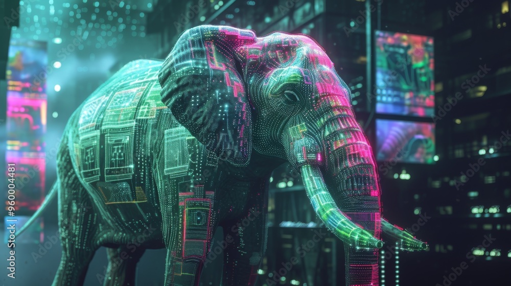 Poster a digital art image featuring an elephant adorned with bright, futuristic patterns and circuits, sta