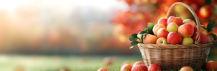 Bucket full of sweet juicy red apples in autumn garden for apple cider or juice. Healthy organic food. Autumn harvest season. Thanksgiving holiday, Mabon, Halloween.  Banner with copy space