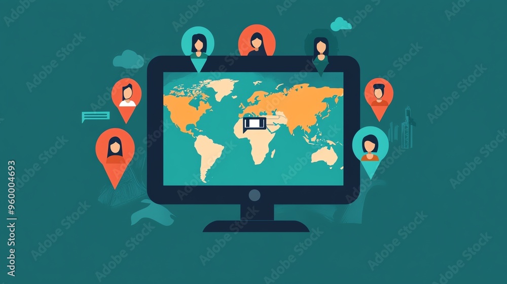 Aufkleber global network of people connected through a computer screen displaying a world map