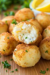 Fototapeta premium Close Up of Delicious Fried Arancini Rice Balls Stuffed with Creamy Risotto and Fresh Herbs