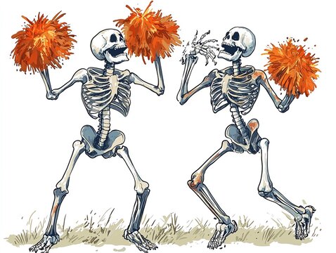 Two skeletons cheerleading with pom-poms.