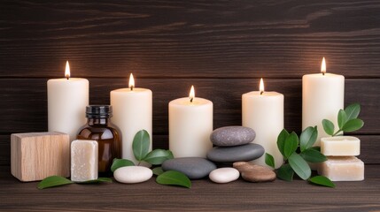 A shamanic altar is adorned with natural elements including wooden bowls filled with herbs and stones, complemented by unlit candles and a rustic brown fabric backdrop