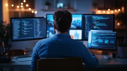 Software Developer Focused on Multiple Computer Screens in Modern Office at Night
