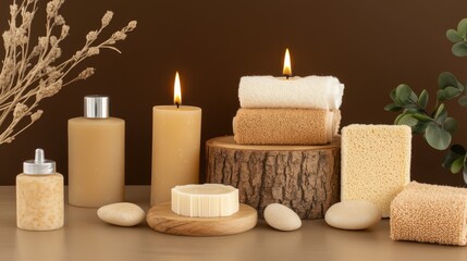 A shamanic altar is adorned with natural elements including wooden bowls filled with herbs and stones, complemented by unlit candles and a rustic brown fabric backdrop